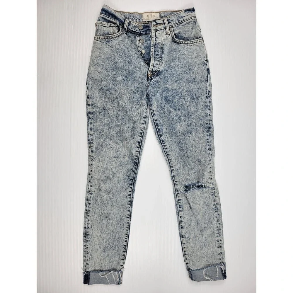 We The Free People Stella Jeans Women 26 Blue AcidWash Skinny Button Fly Raw Hem